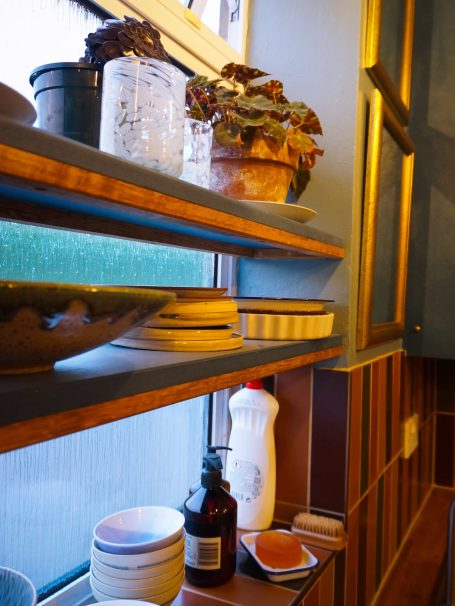 Shelves with various dishes, a potted plant, and a bottle on a counter.